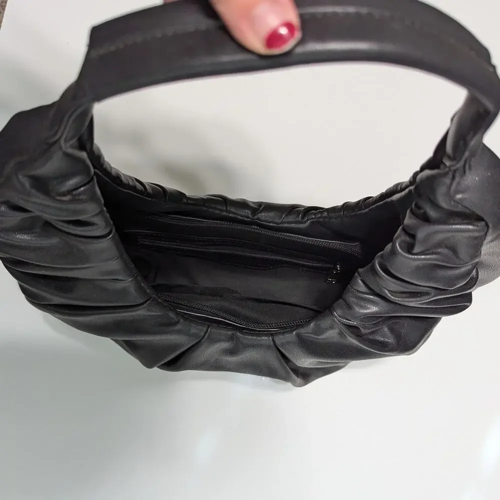 Badgley Mischka Pleated Shoulder Bag Hobo Purse Vegan Leather Black Half Moon